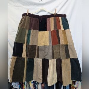 Hippie Patchwork Corduroy Tiered Skirt With Drawstring & Pockets!- Multicolor